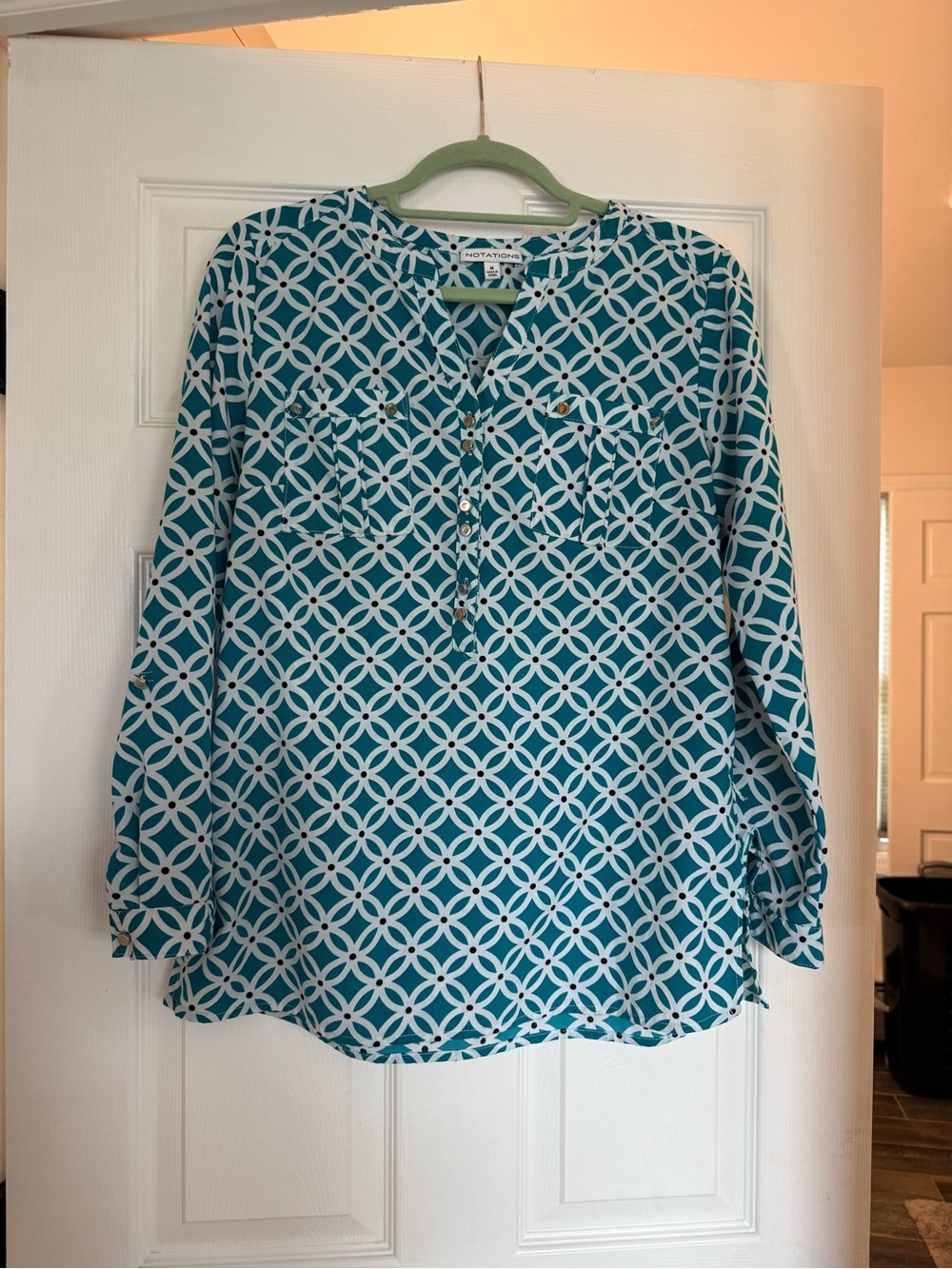Notations Teal and White Geometric Print Henley Tunic
